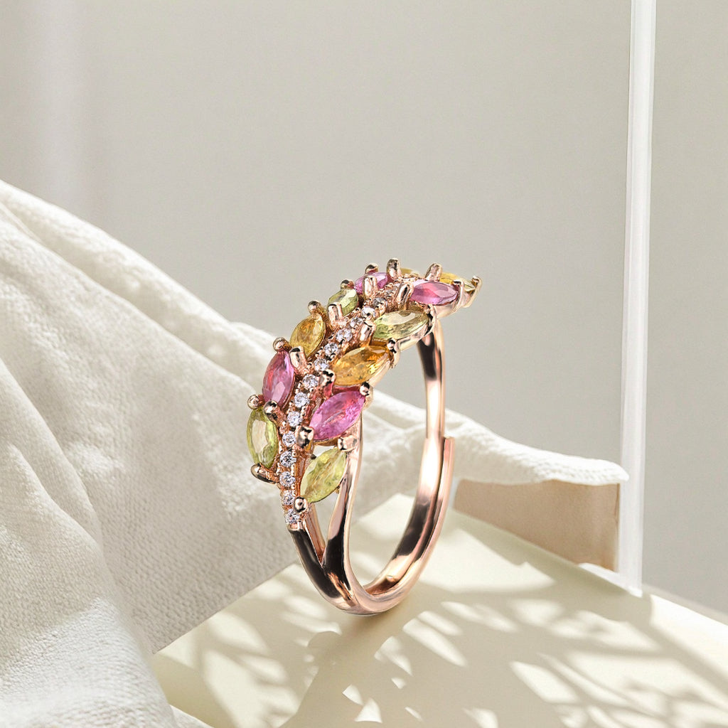 Exquisite 925 Sterling Silver Rose Gold Plated Natural Tourmaline Leaves Ring
