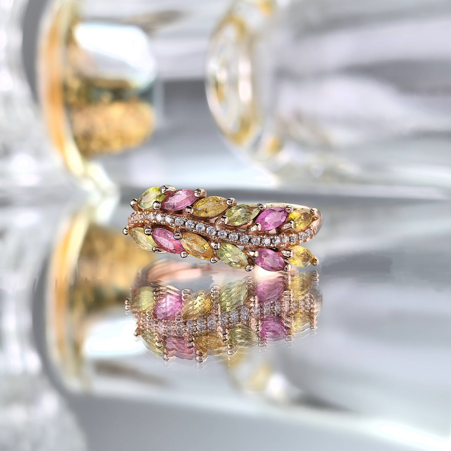 Exquisite 925 Sterling Silver Rose Gold Plated Natural Tourmaline Leaves Ring