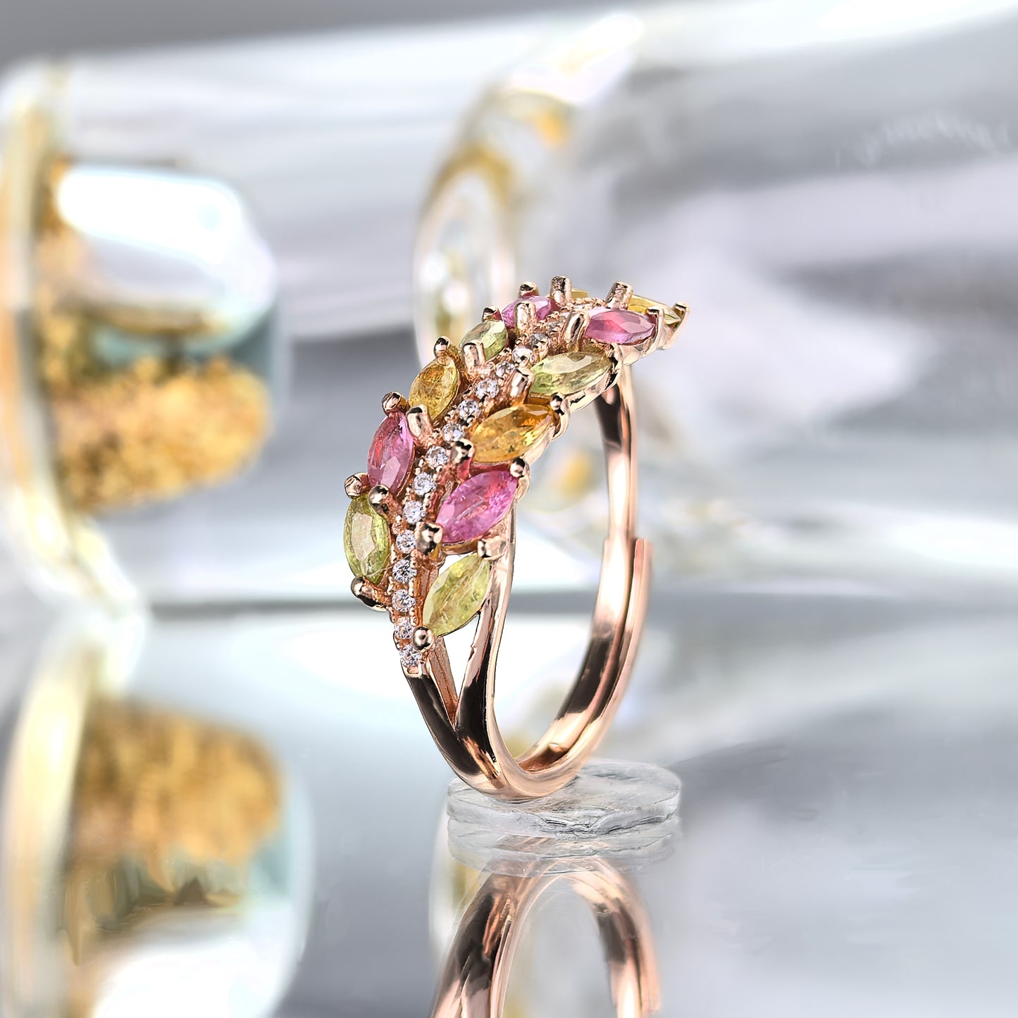 Exquisite 925 Sterling Silver Rose Gold Plated Natural Tourmaline Leaves Ring