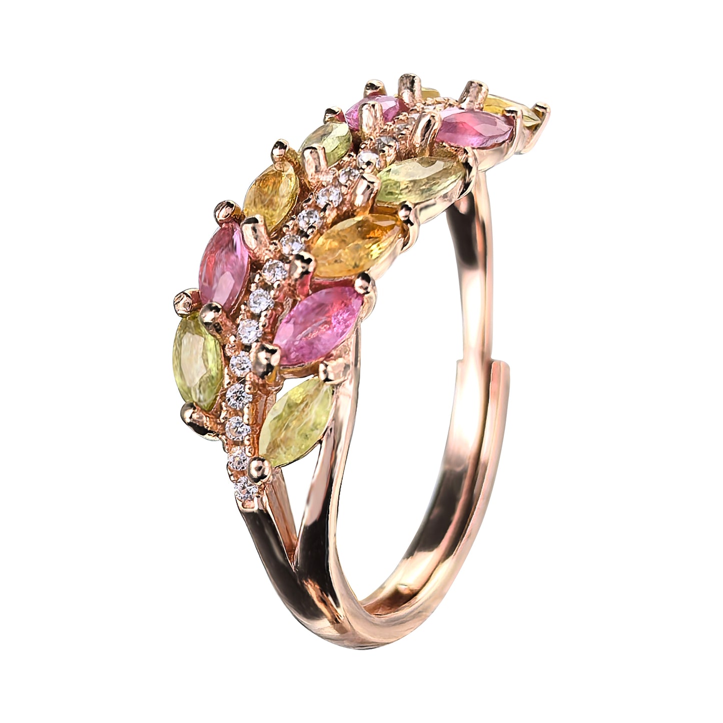 Exquisite 925 Sterling Silver Rose Gold Plated Natural Tourmaline Leaves Ring