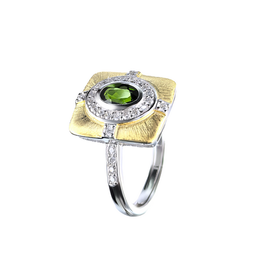 Geometric Couple Ring Oval Cut Resizable 925 Sterling Silver Diopside Ring