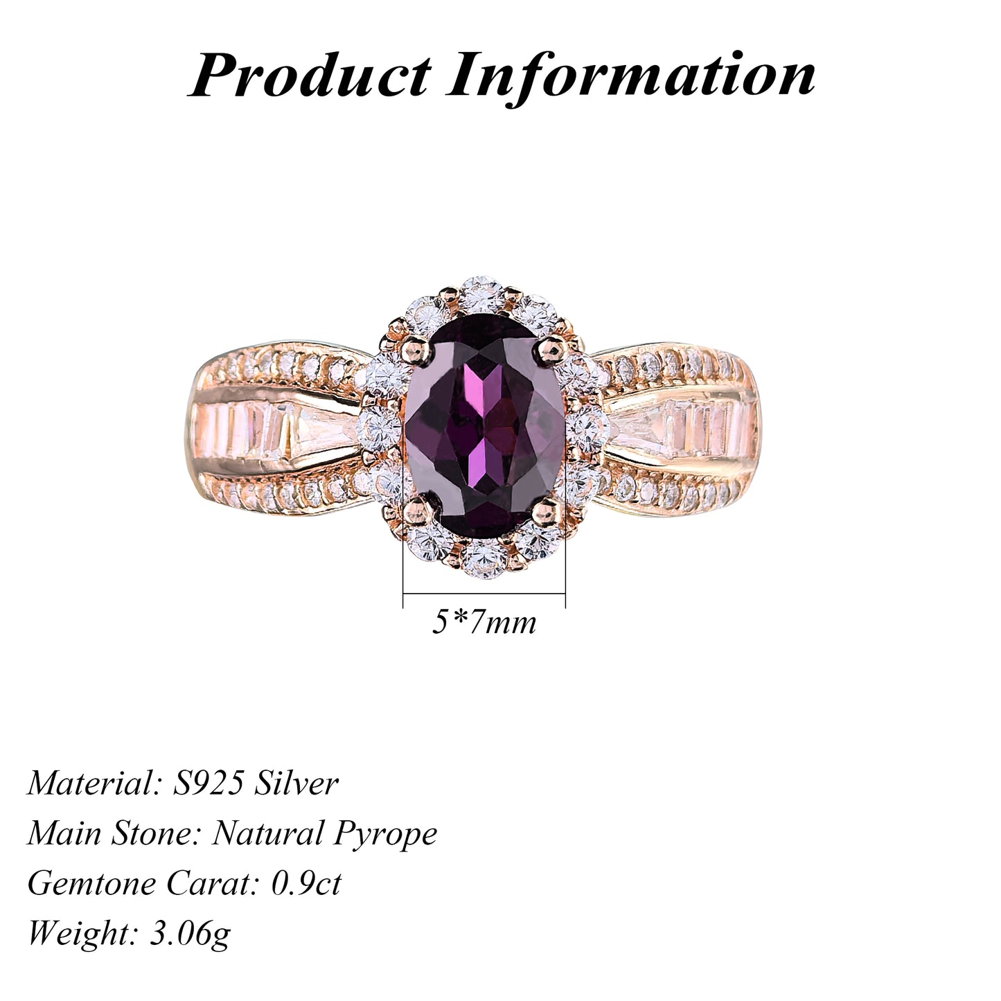 Gorgeous Rose Gold Plated 925 Silver Jewelry Natural Pyrope Ring