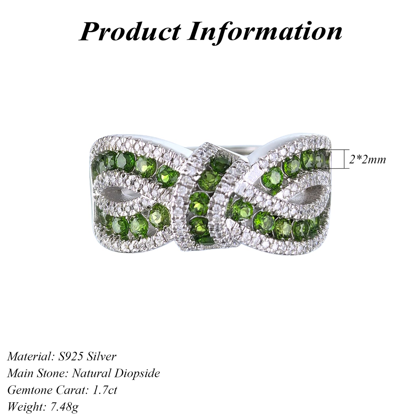 Adjustable Elegant Design 925 Sterling Silver Natural Diopside Ring