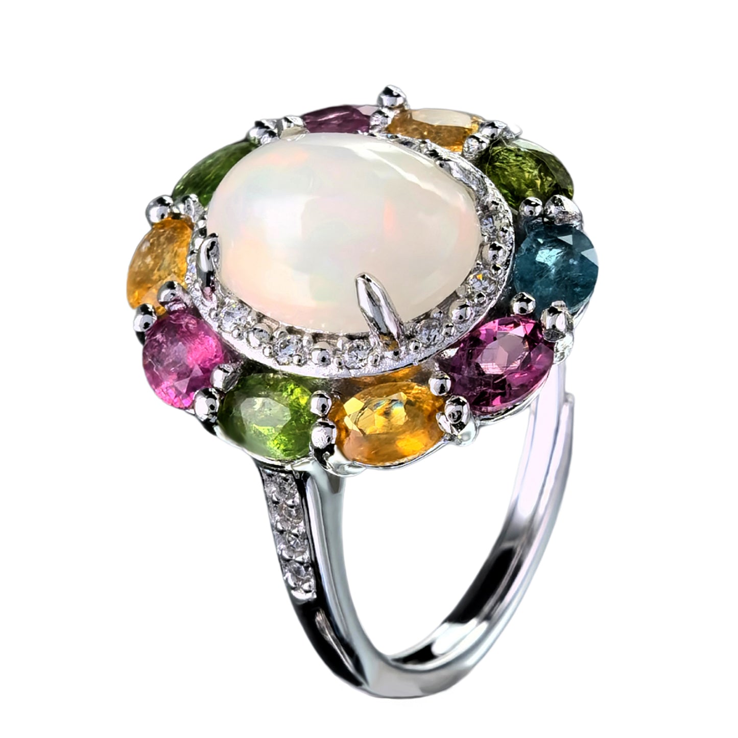 Delicate Rhodium Plated Silver 925 Jewelry Natural Opal Flower Jewelry Set