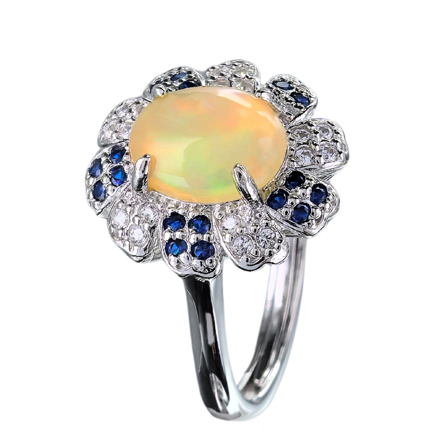 Delicate Rhodium Plated Silver 925 Jewelry Natural Opal Flower Ring