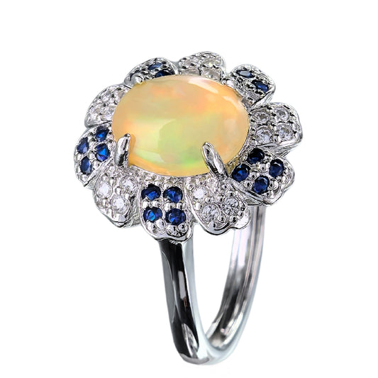 Delicate Rhodium Plated Silver 925 Jewelry Natural Opal Flower Ring