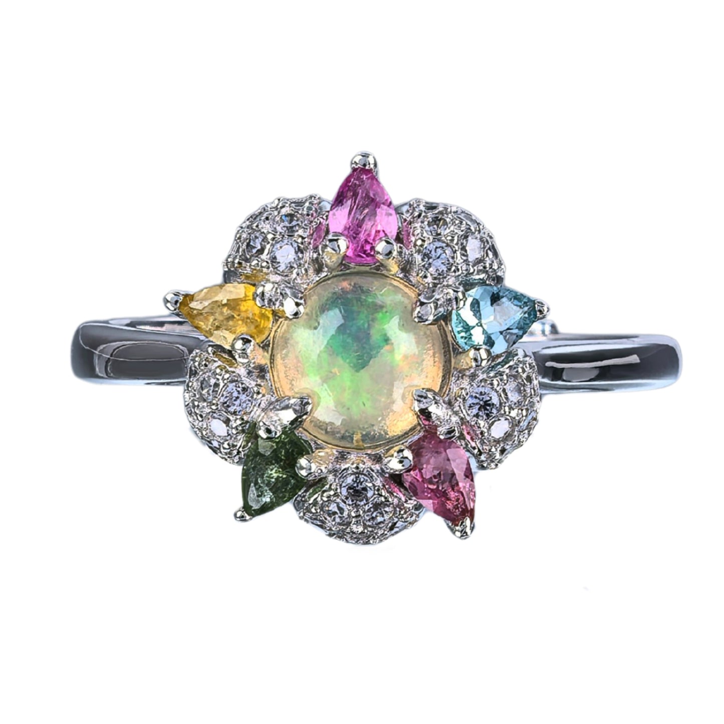 925 Silver Jewelry Ring Delicate Rhodium Plated Trendy Natural Opal Flower Gemstone