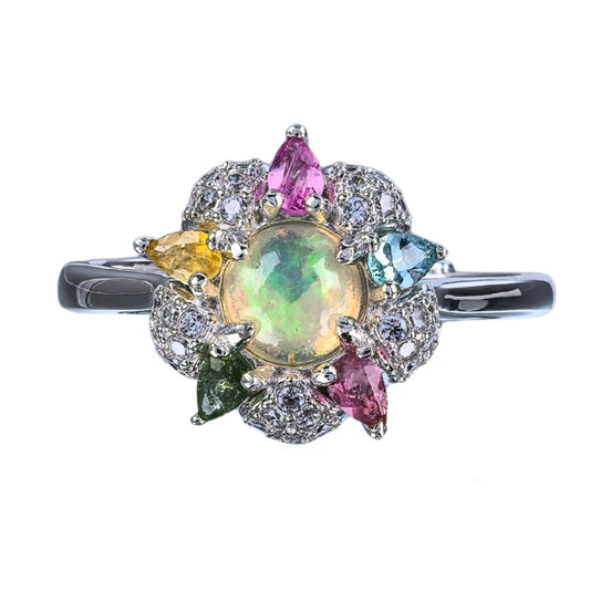 925 Silver Jewelry Ring Delicate Rhodium Plated Trendy Natural Opal Flower Gemstone