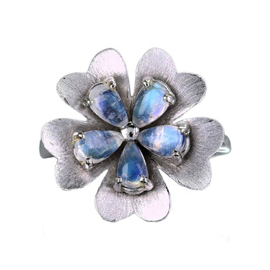 Elegant 925 Silver Jewelry Rhodium Plated Natural Moonstone Flower Ring