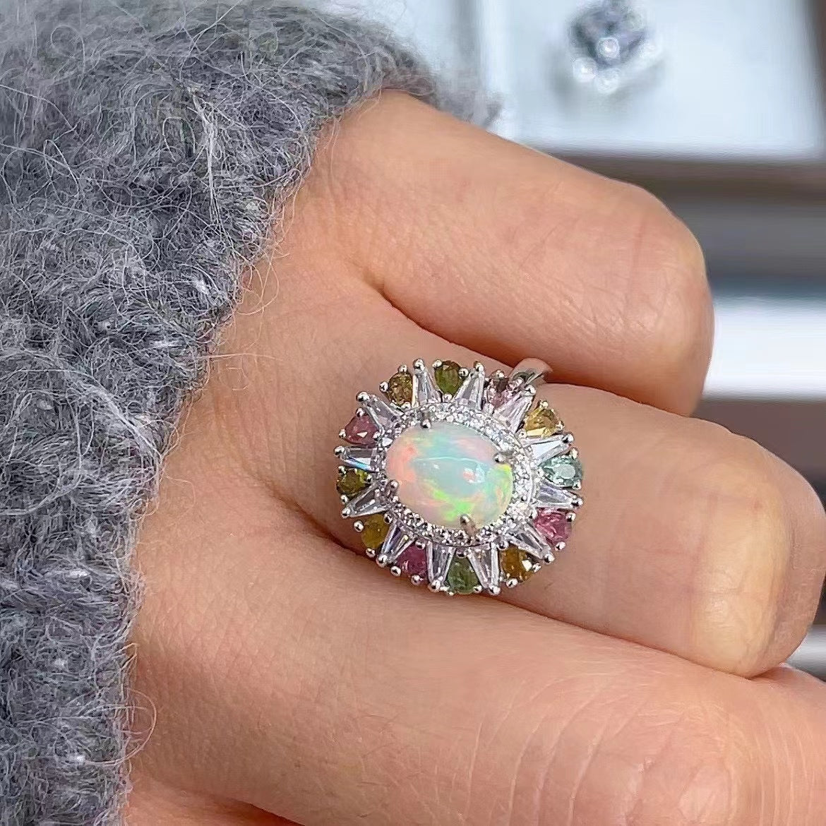 Sparkling Natural Opal Gemstone Handcrafted 925 Sterling Silver Opal Ring