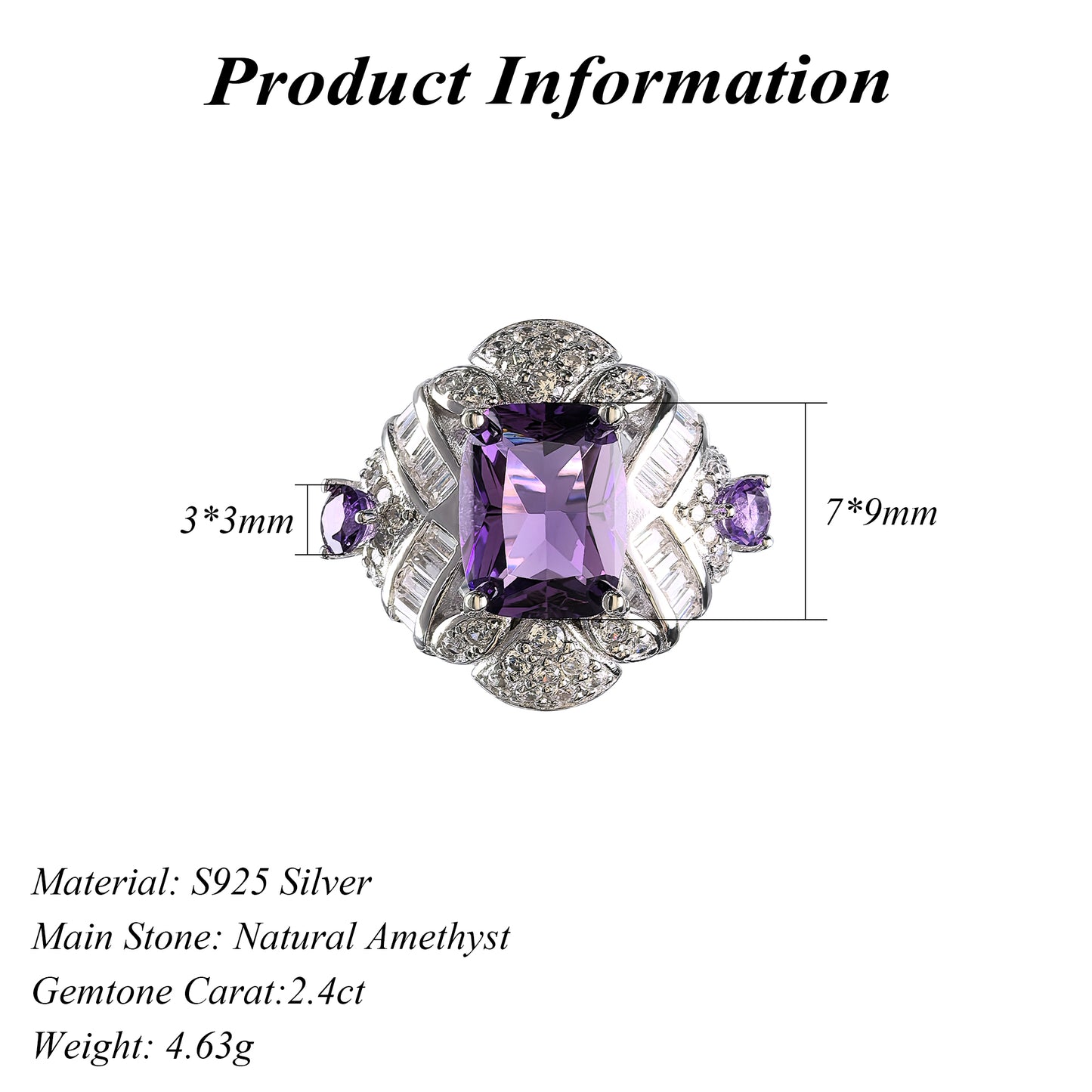 Exquisite Rhodium Plated Sterling Silver 925 Jewellery Natural Amethyst Ring