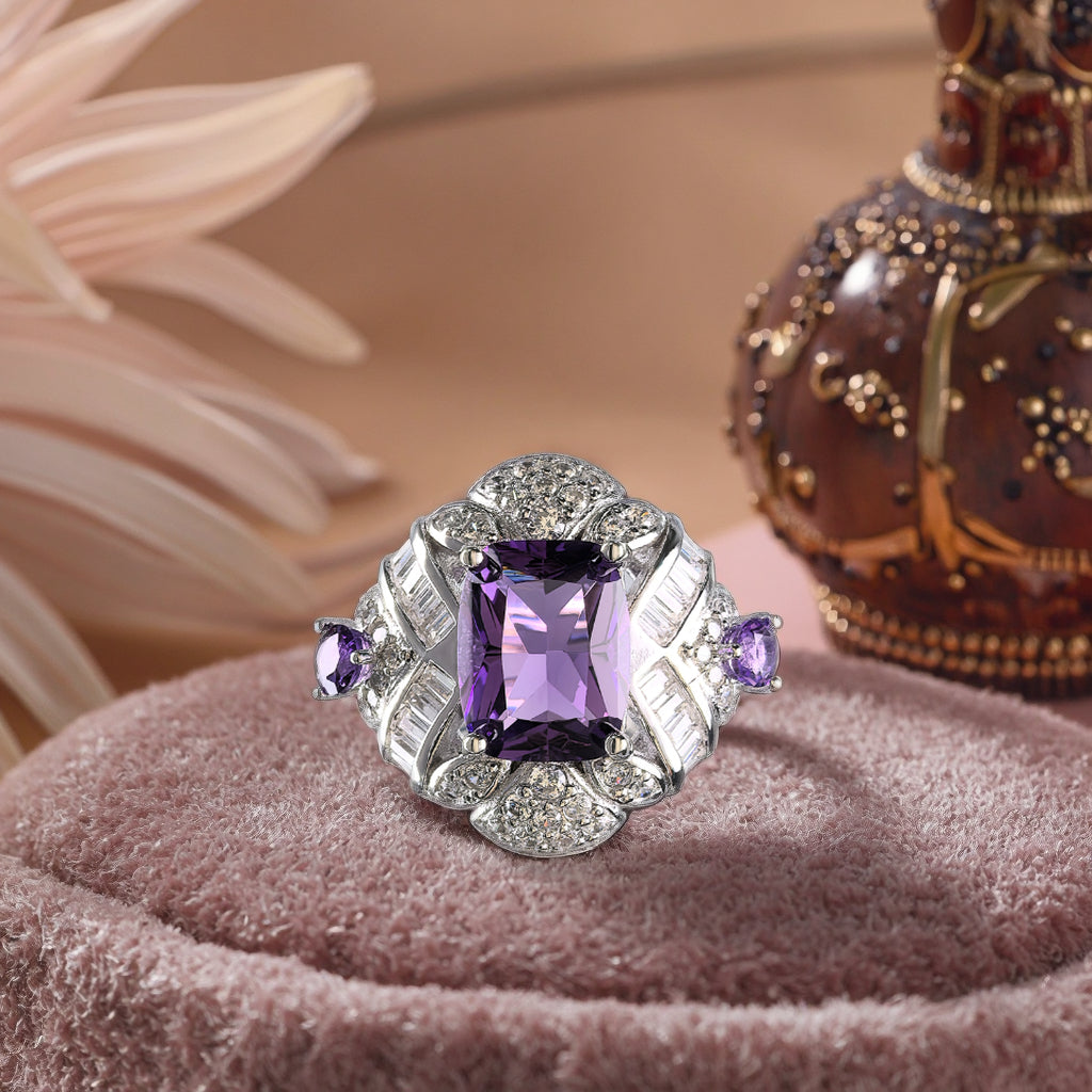Exquisite Rhodium Plated Sterling Silver 925 Jewellery Natural Amethyst Ring