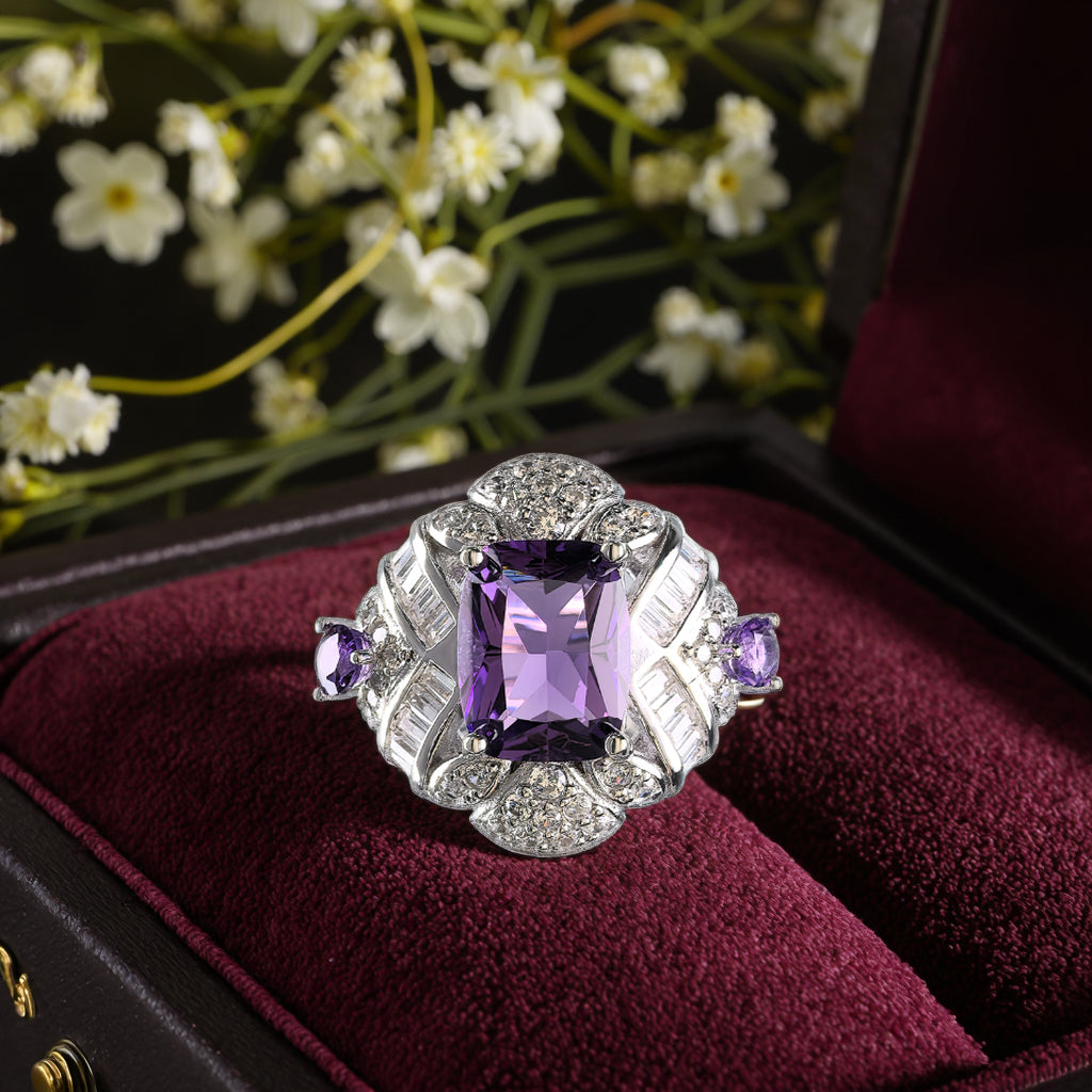 Exquisite Rhodium Plated Sterling Silver 925 Jewellery Natural Amethyst Ring
