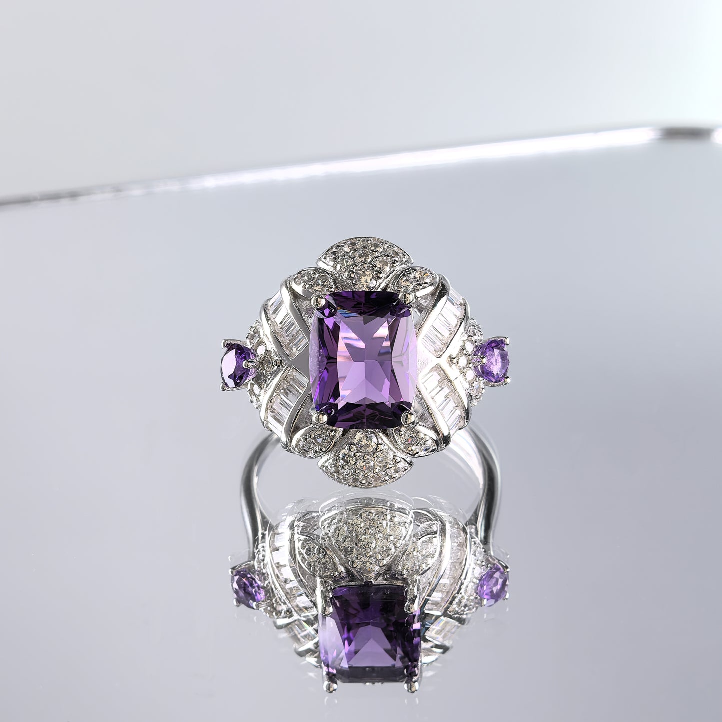 Exquisite Rhodium Plated Sterling Silver 925 Jewellery Natural Amethyst Ring