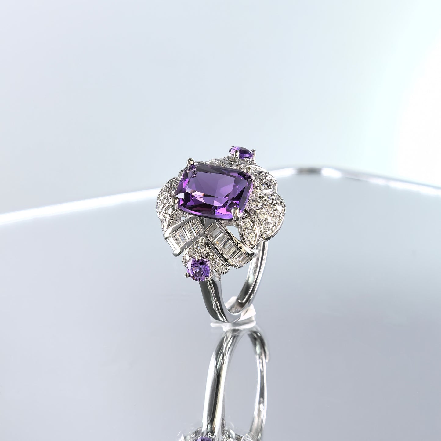 Exquisite Rhodium Plated Sterling Silver 925 Jewellery Natural Amethyst Ring