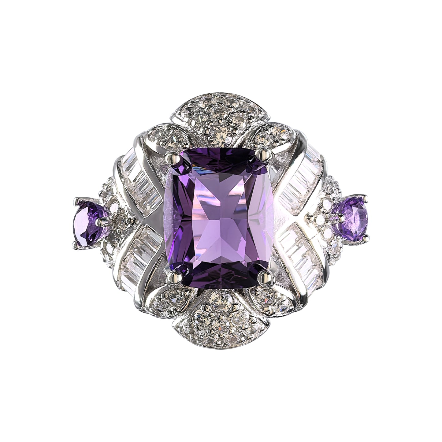 Exquisite Rhodium Plated Sterling Silver 925 Jewellery Natural Amethyst Ring