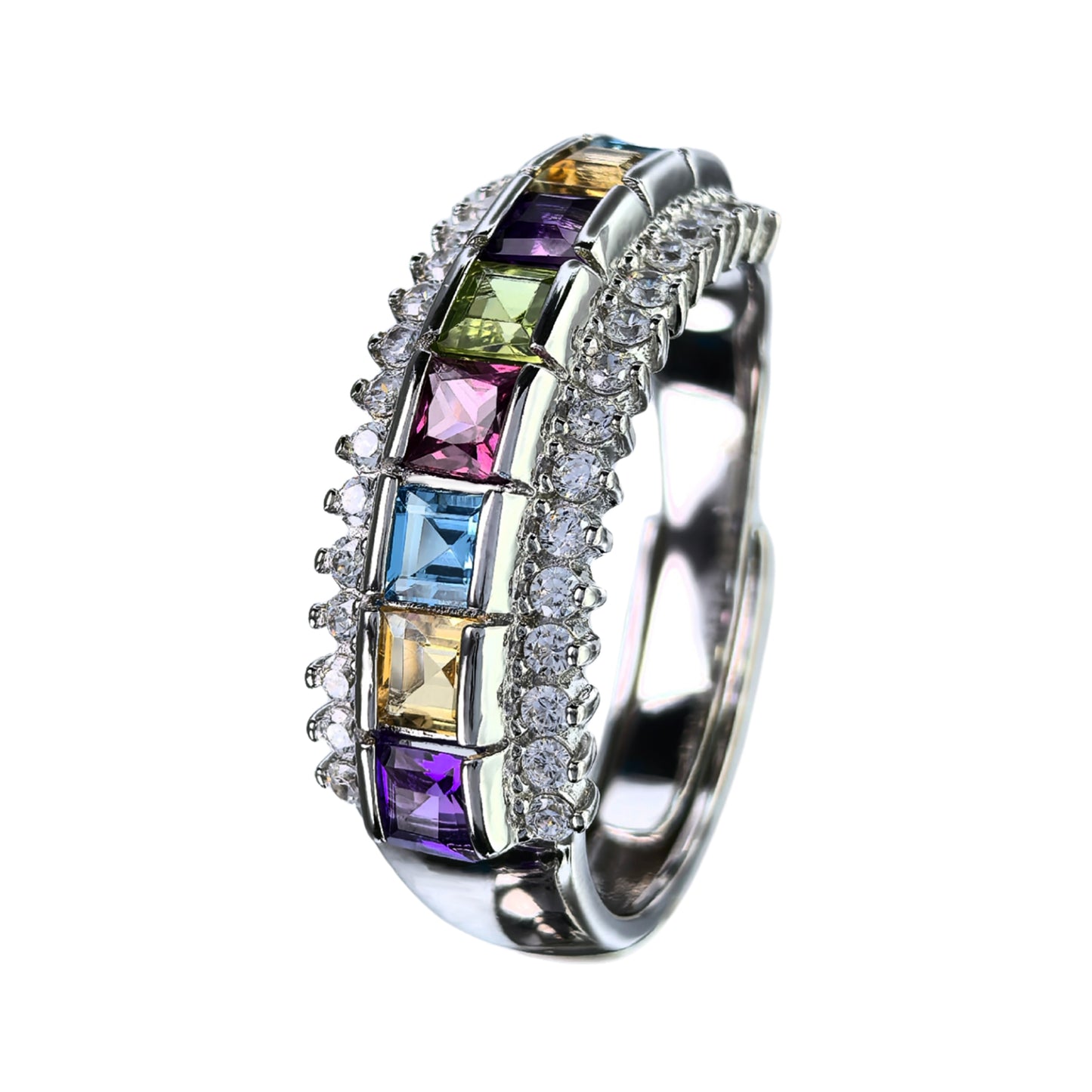 Exquisite Rhodium Plated 925 Silver Jewelry Multiple Natural Gemstone Ring