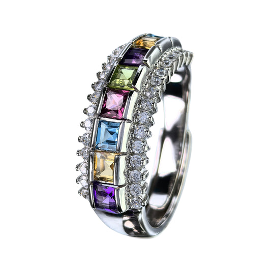 Exquisite Rhodium Plated 925 Silver Jewelry Multiple Natural Gemstone Ring