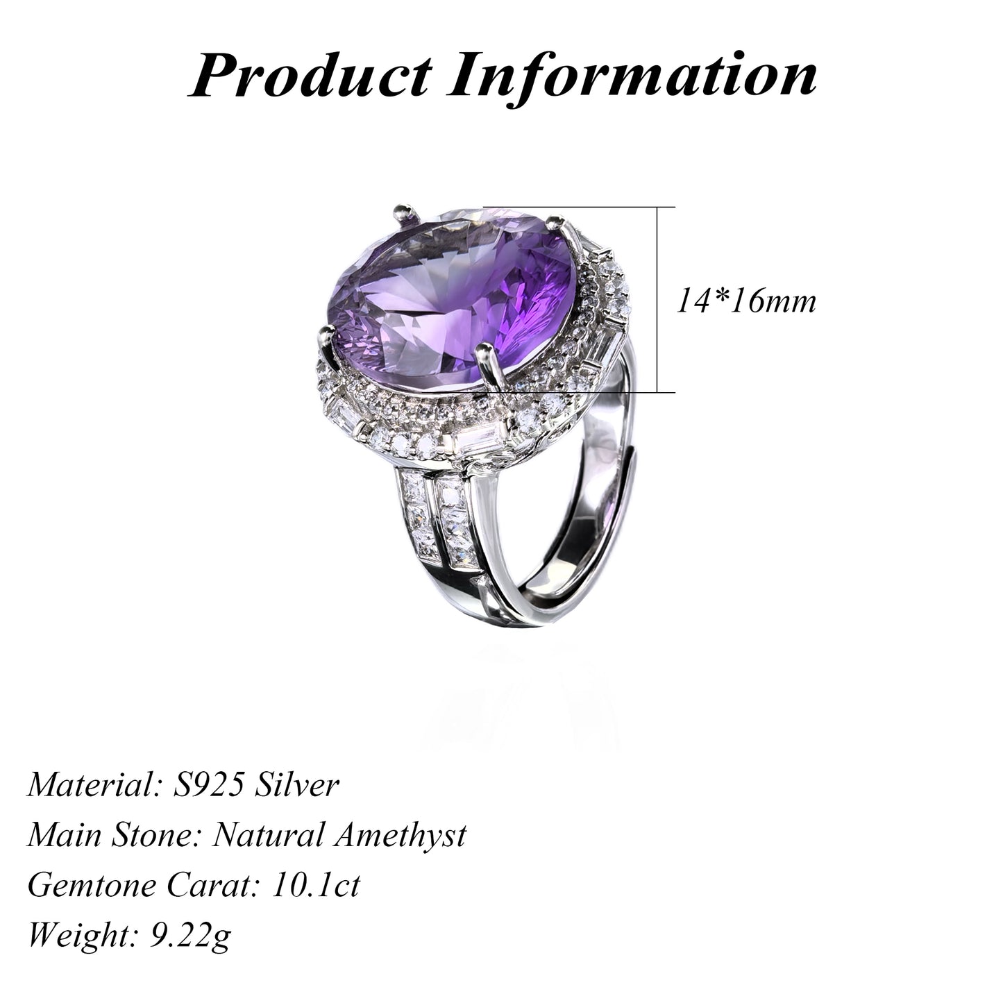 Opulent Rhodium Plated 925 Silver Jewelry Natural Amethyst Ring