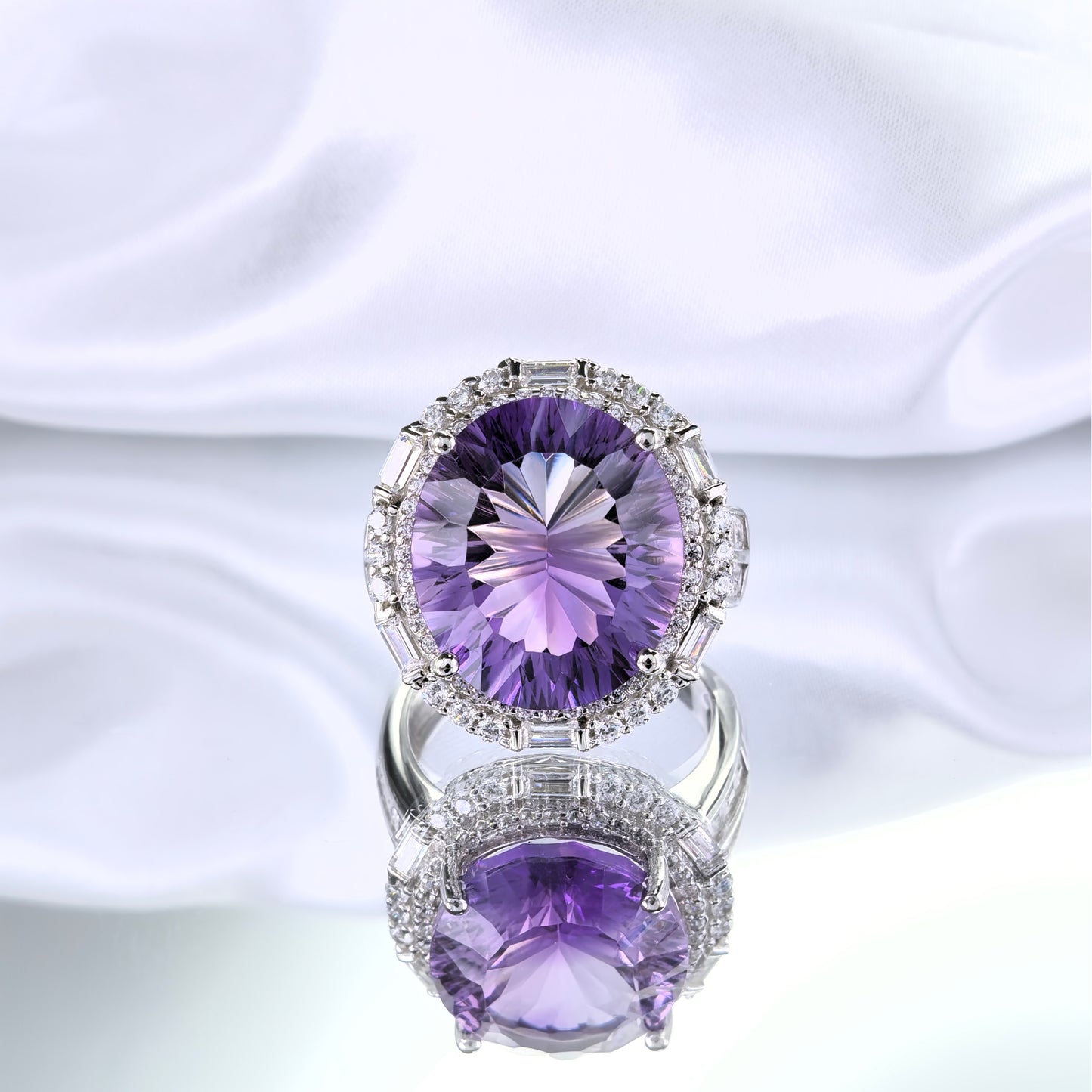 Opulent Rhodium Plated 925 Silver Jewelry Natural Amethyst Ring