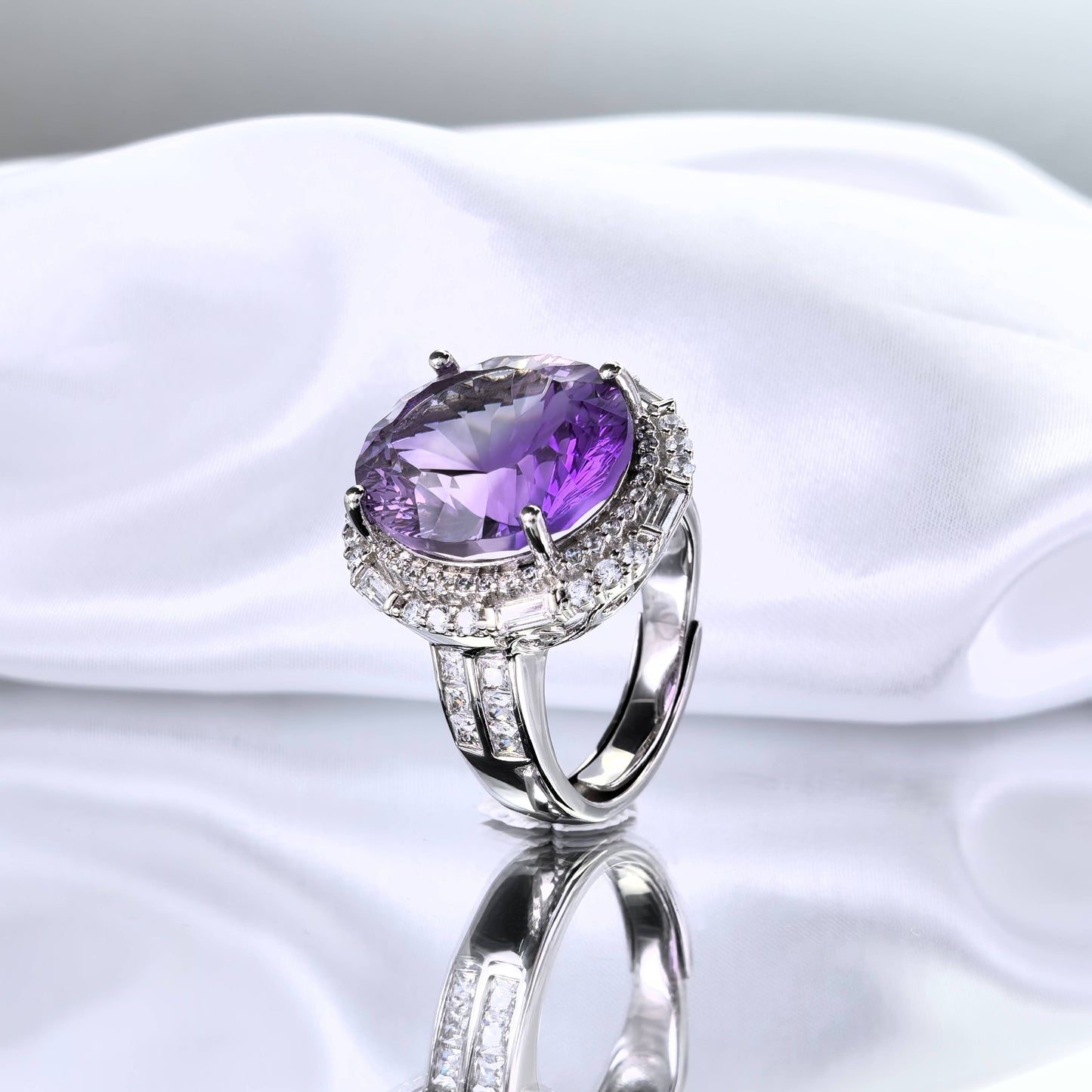 Opulent Rhodium Plated 925 Silver Jewelry Natural Amethyst Ring