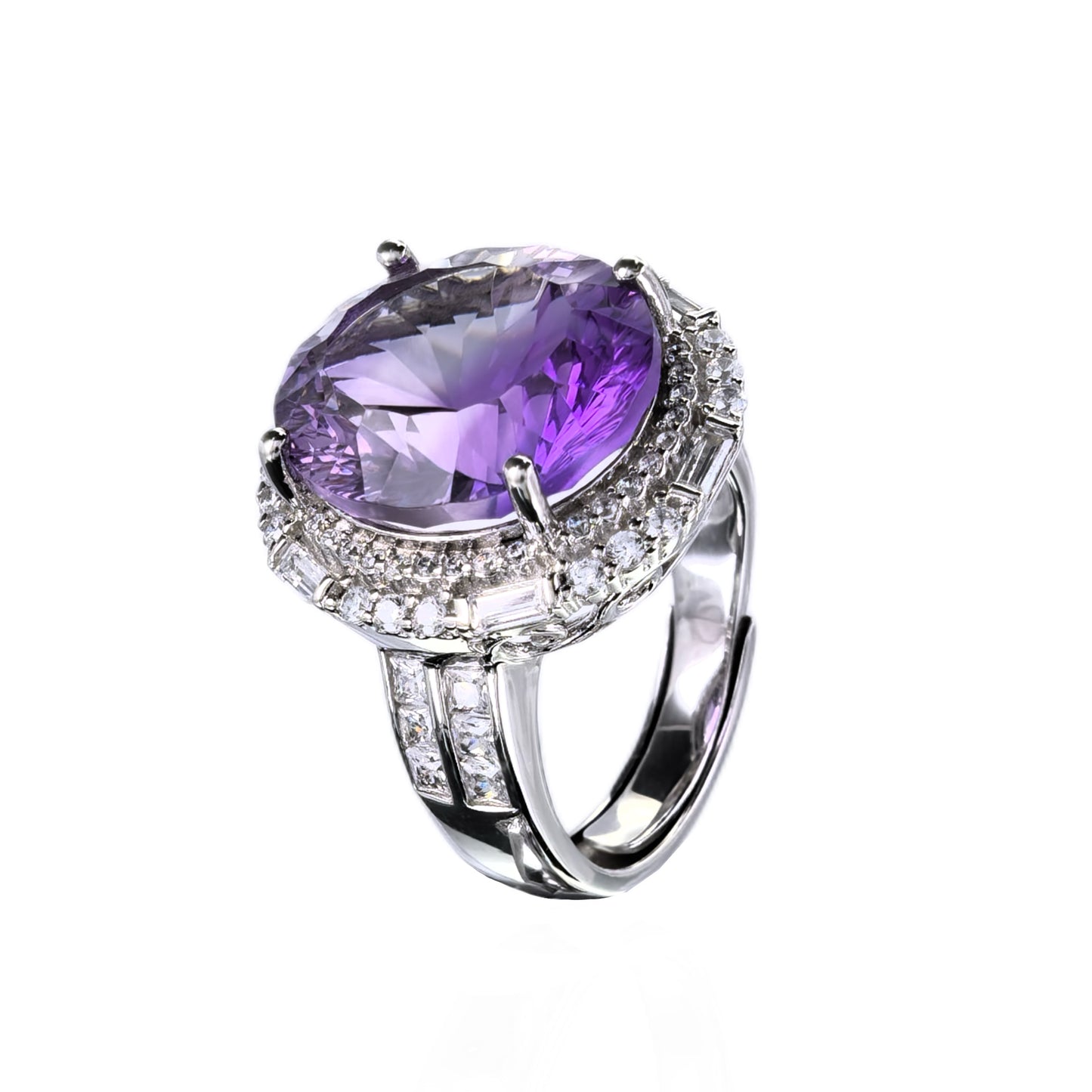 Opulent Rhodium Plated 925 Silver Jewelry Natural Amethyst Ring