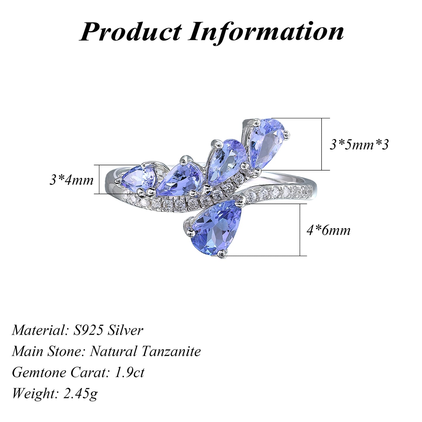 Elegant Rhodium Plated Silver 925 Natural Tanzanite Ring