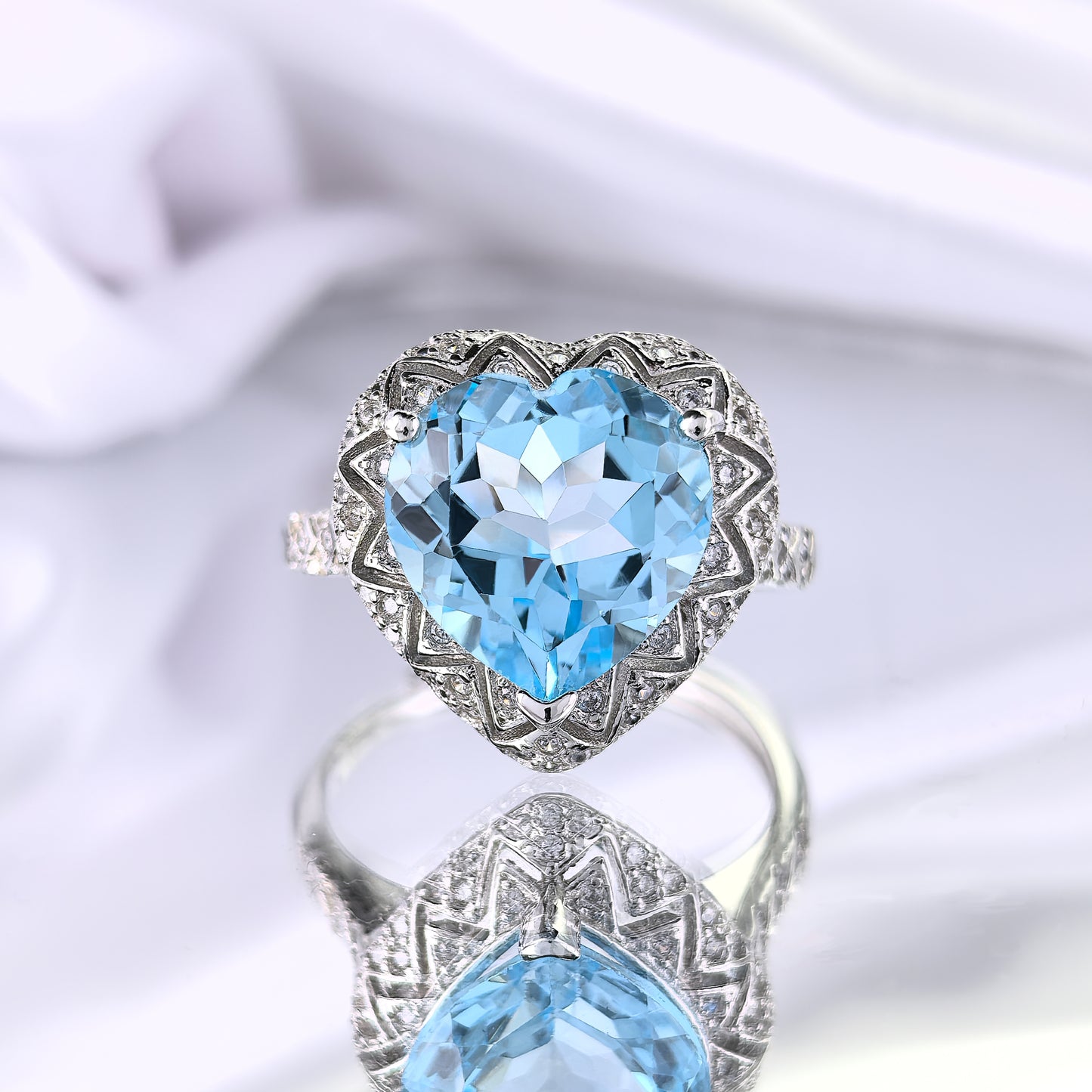 Romantic Rhodium Plated 925 Silver Natural Sky Blue Topaz Heart Cut Set