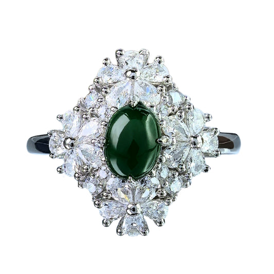 Elegant Rhodium Plated Silver 925 Jewelry Natural Jadeite Flower Ring