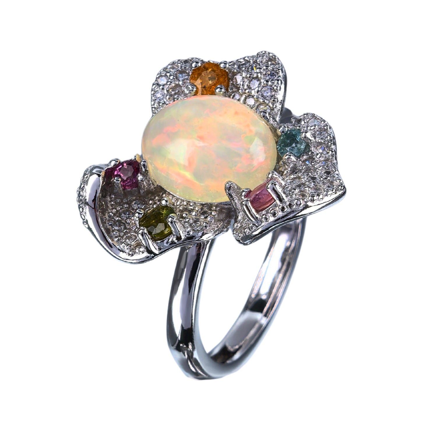 Graceful Rhodium Plated 925 Silver Jewelry Natural Opal Flower Ring