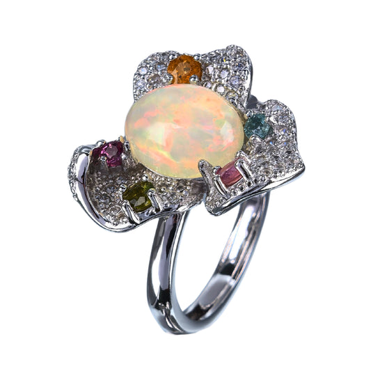 Graceful Rhodium Plated 925 Silver Jewelry Natural Opal Flower Ring