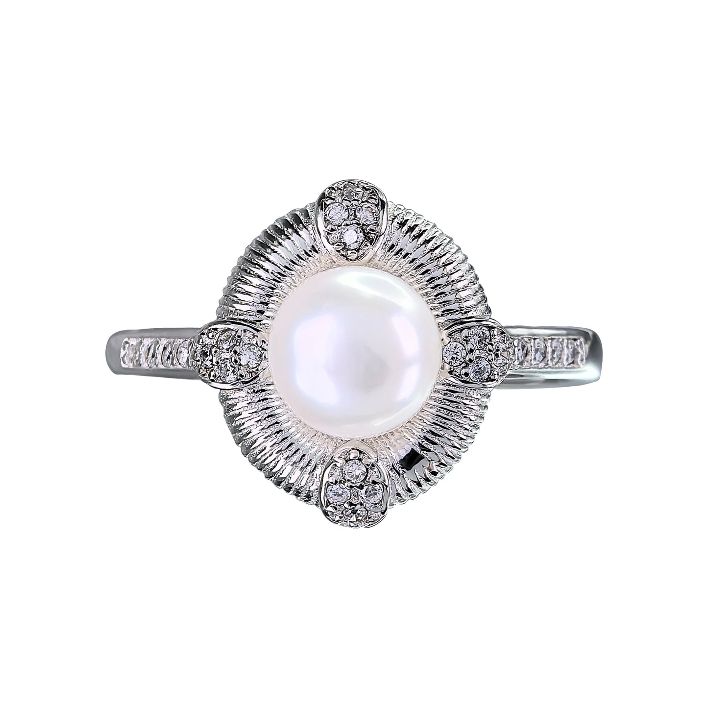 Unique Rhodium Plated 925 Sterling Silver Freshwater Pearl Ring