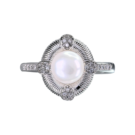 Unique Rhodium Plated 925 Sterling Silver Freshwater Pearl Ring