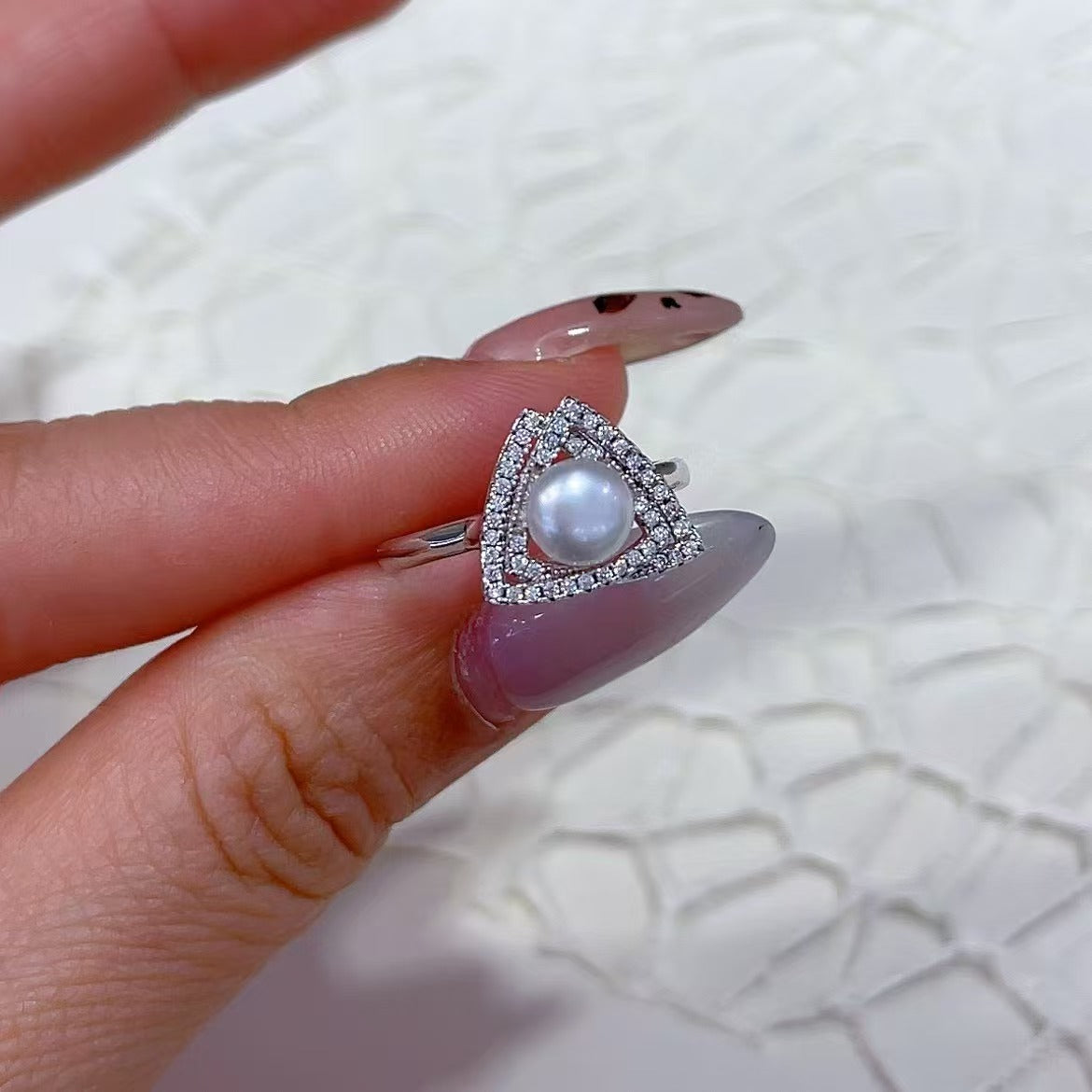 Rhodium Plated 925 Sterling Silver Freshwater Pearl Triangle Ring