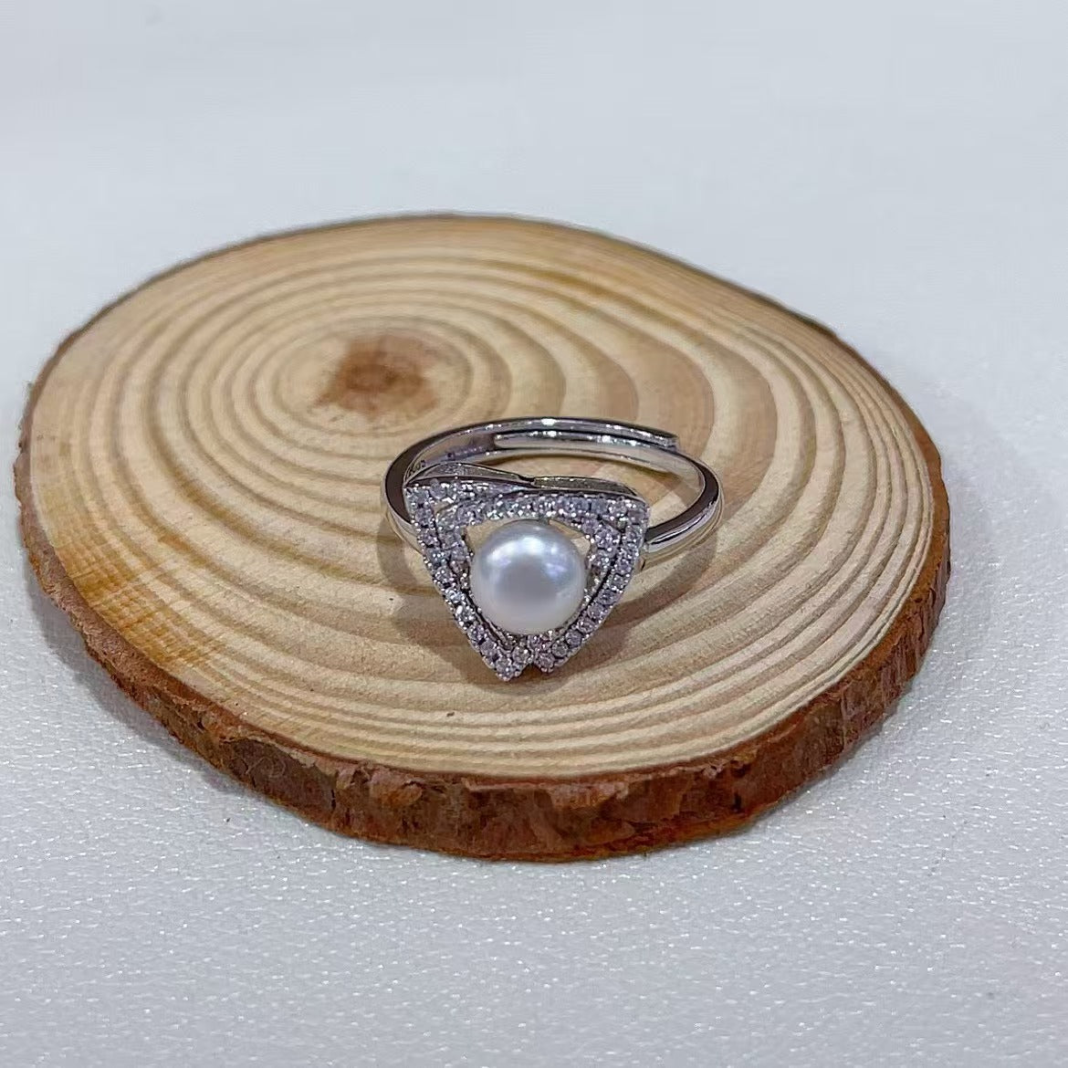 Rhodium Plated 925 Sterling Silver Freshwater Pearl Triangle Ring