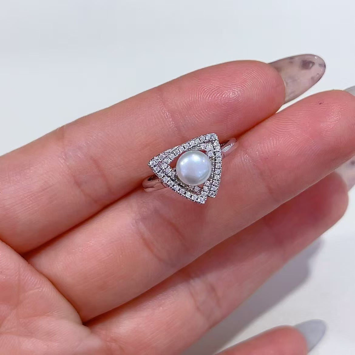 Rhodium Plated 925 Sterling Silver Freshwater Pearl Triangle Ring