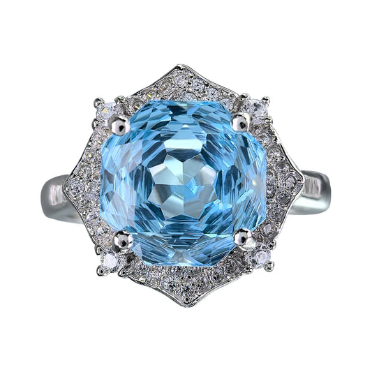 Dazzling Rhodium-Plated 925 Silver Gemstone Ring with Natural Sky Blue Topaz