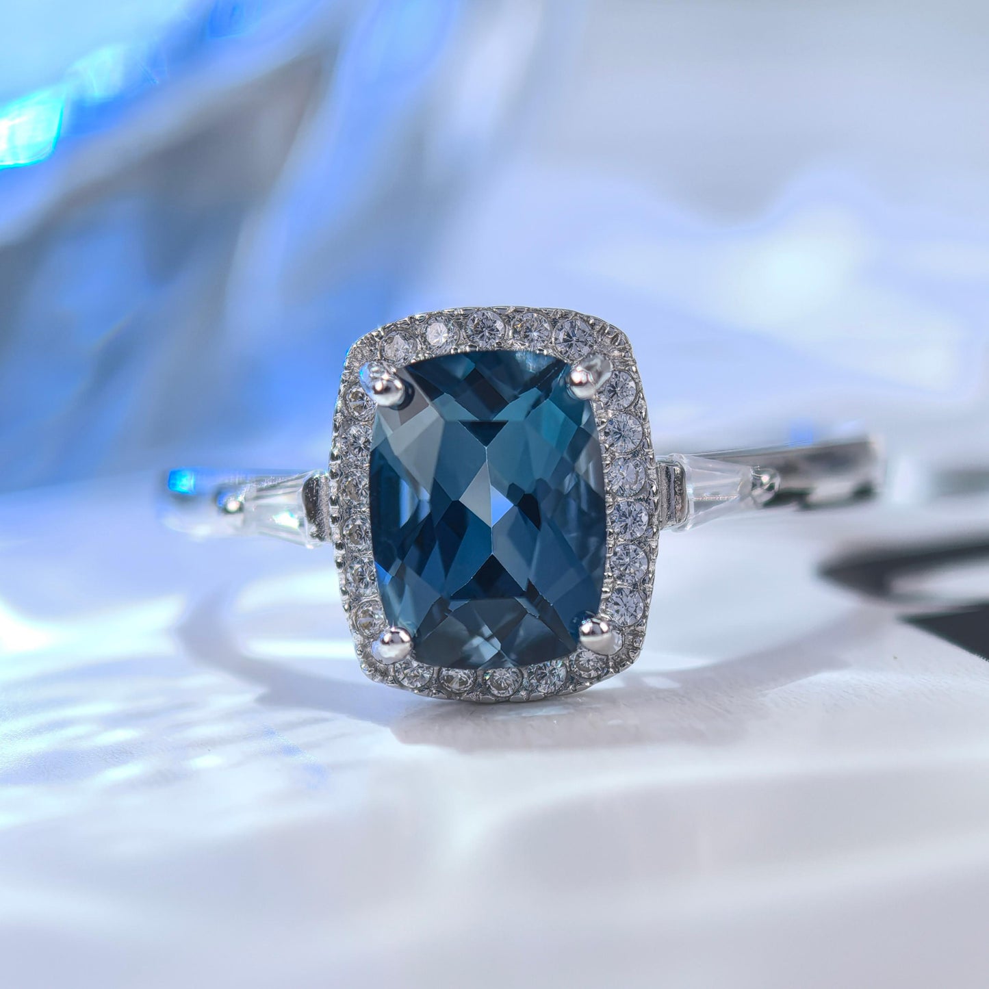 Classic Rhodium-Plated 925 Silver Featuring Natural London Blue Topaz Ring