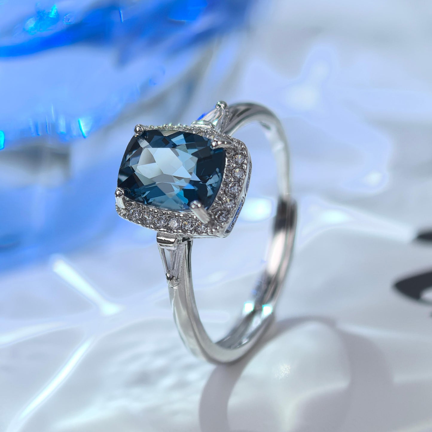 Classic Rhodium-Plated 925 Silver Featuring Natural London Blue Topaz Ring