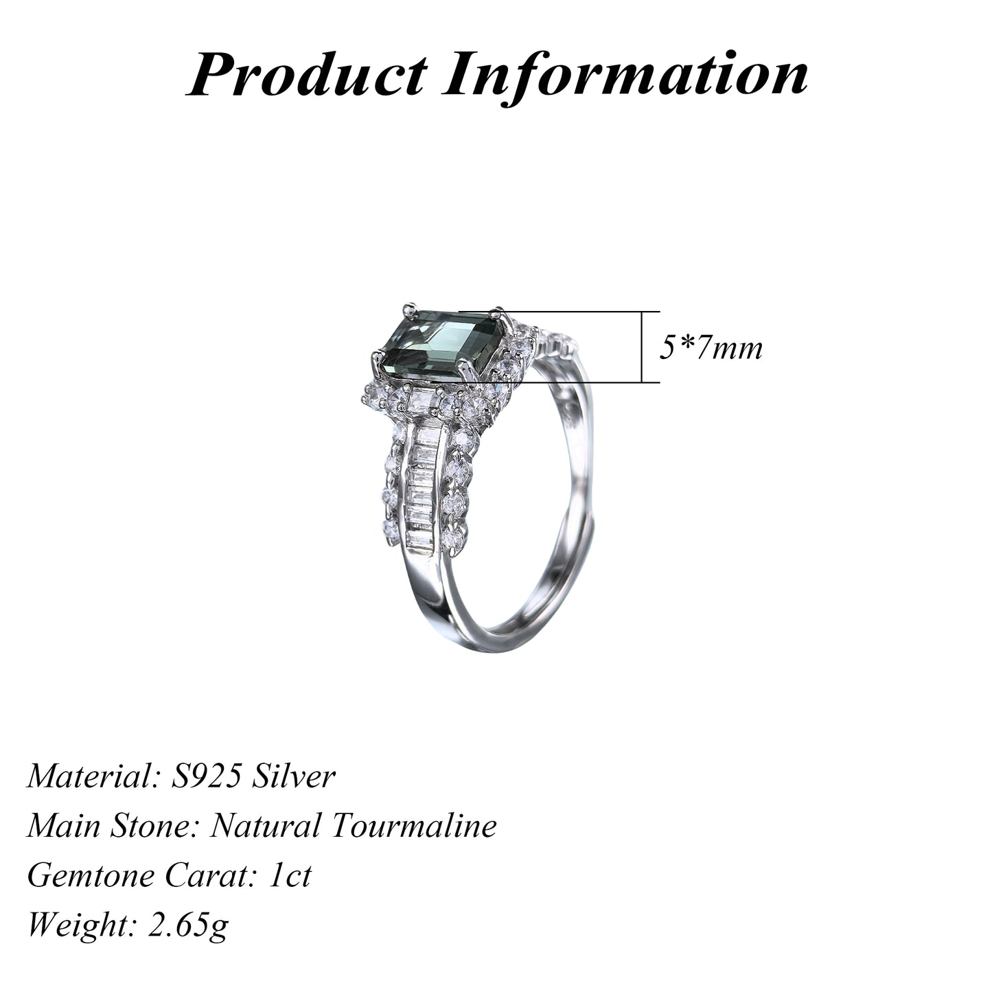 Delicate Rhodium Plated 925 Sterling Silver Natural Tourmaline Ring