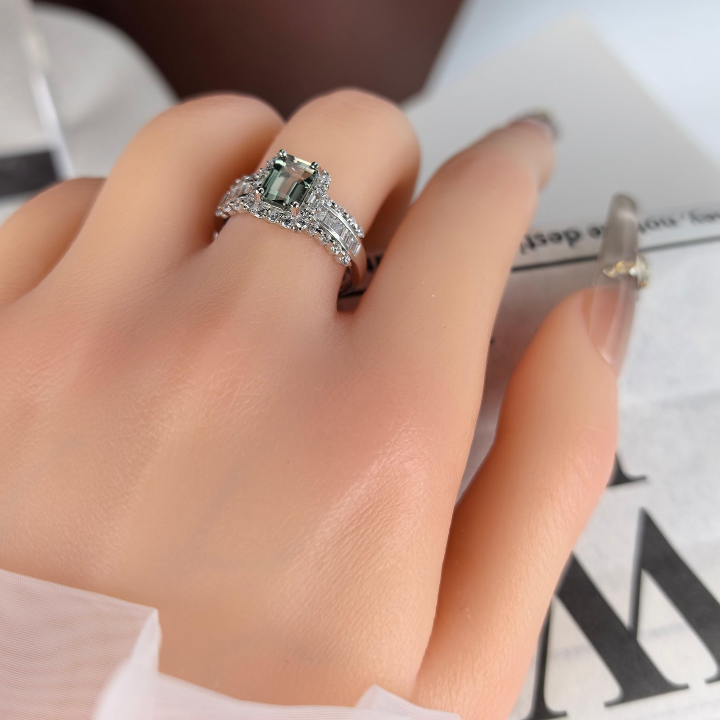 Delicate Rhodium Plated 925 Sterling Silver Natural Tourmaline Ring