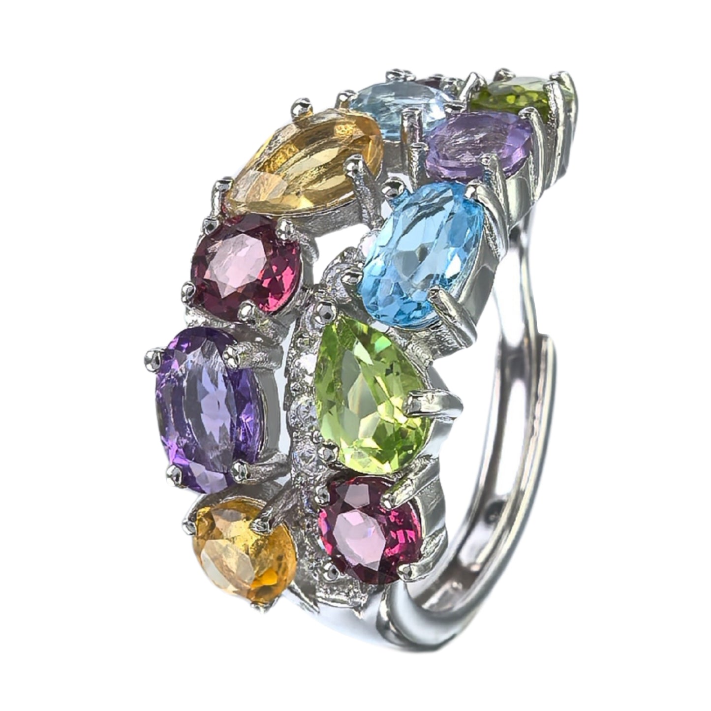 Gorgeous Rhodium Plated 925 Silver Jewelry Multiple Natural Gemstone Ring