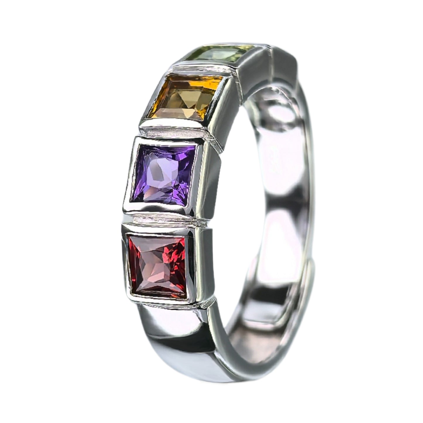 Exquisite Rhodium Plated 925 Silver Jewelry Multiple Natural Gemstone Ring