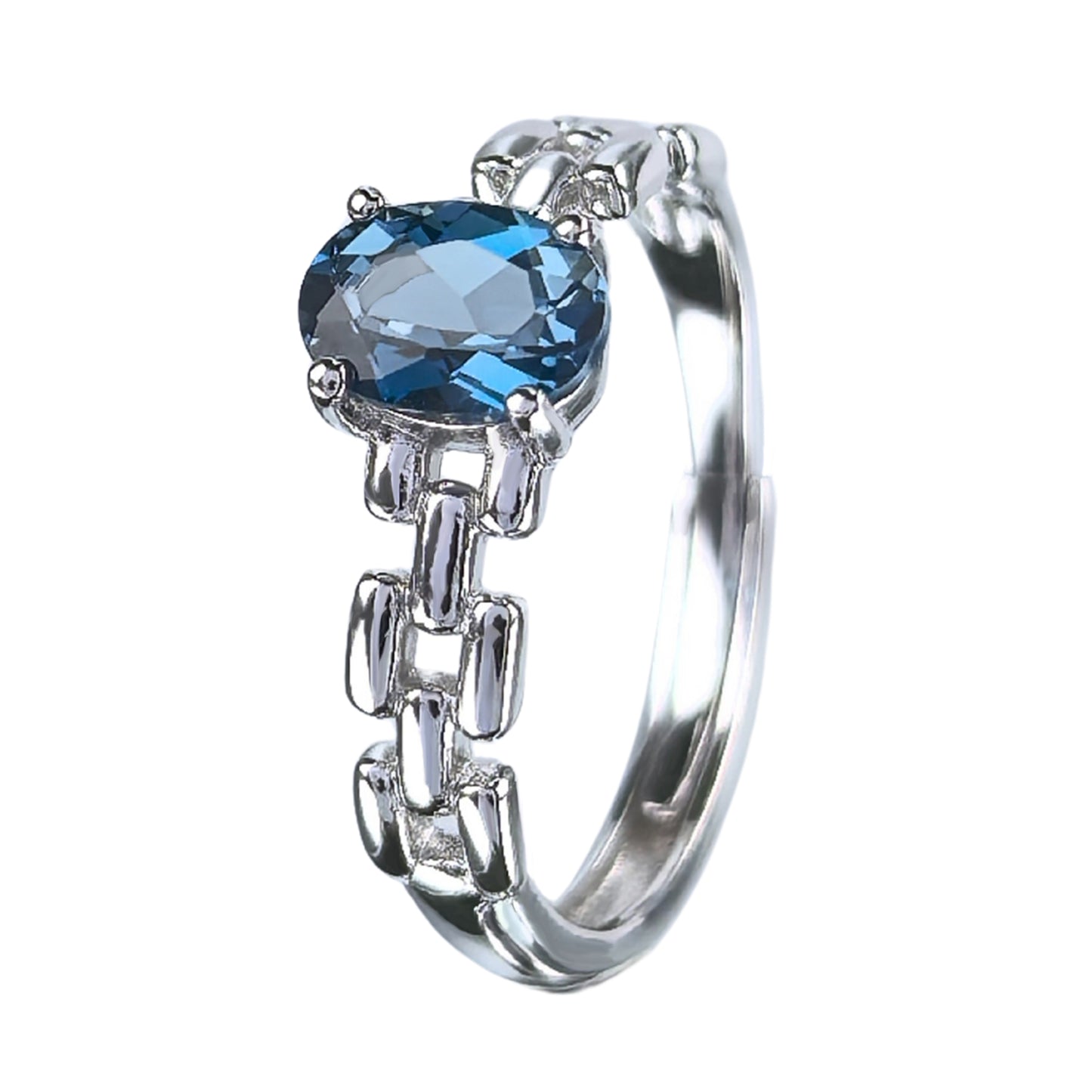 Rhodium Plated 925 Silver Oval Cut Natural London Blue Topaz Ring