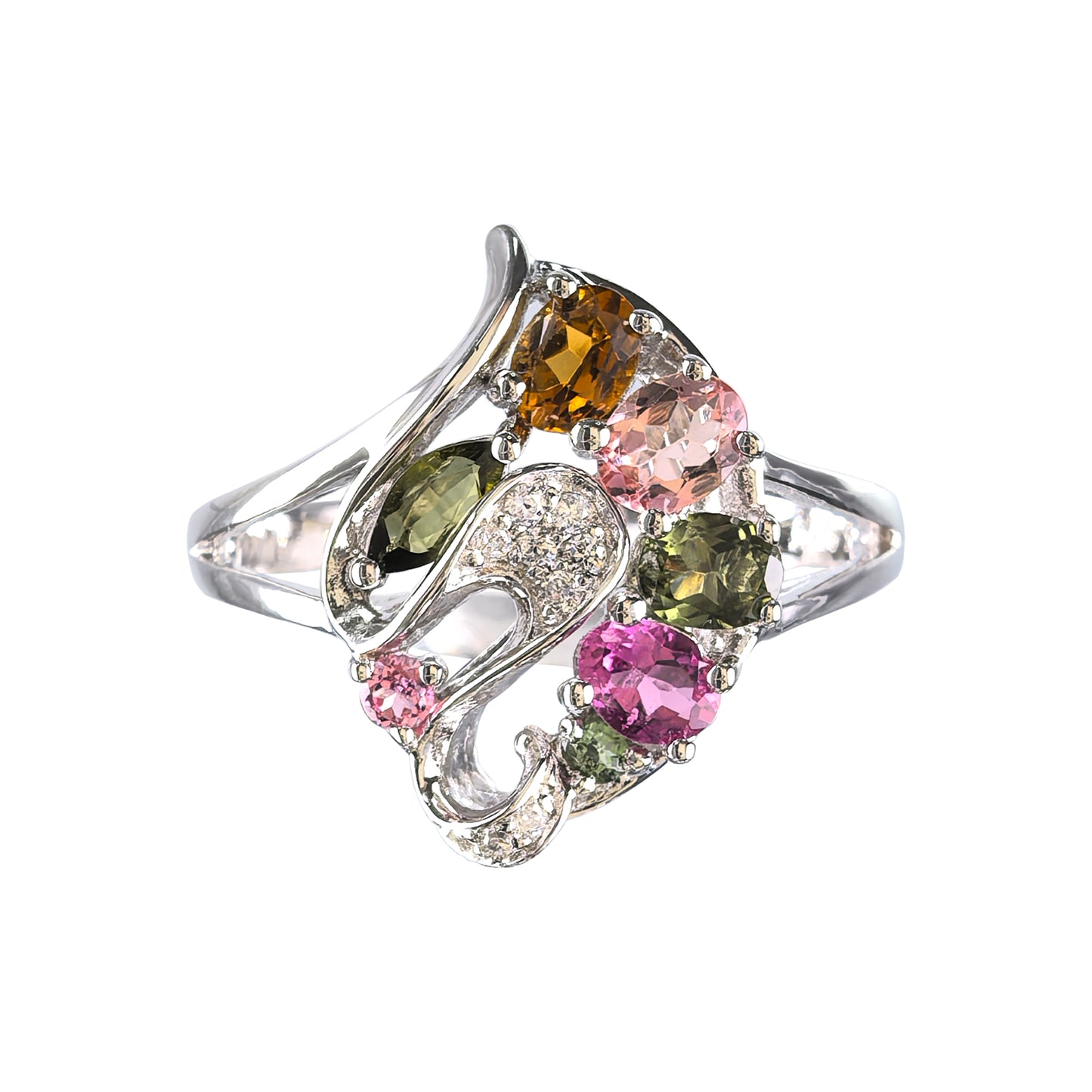 Elegant Rhodium Plated 925 Sterling Silver Natural Tourmaline Gemstone Ring