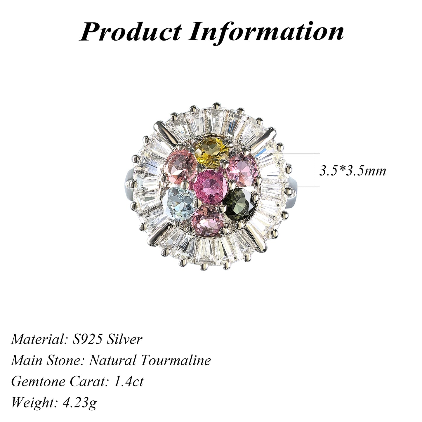 Fashionable Rhodium Plated Plata 925 Natural Tourmaline Ring