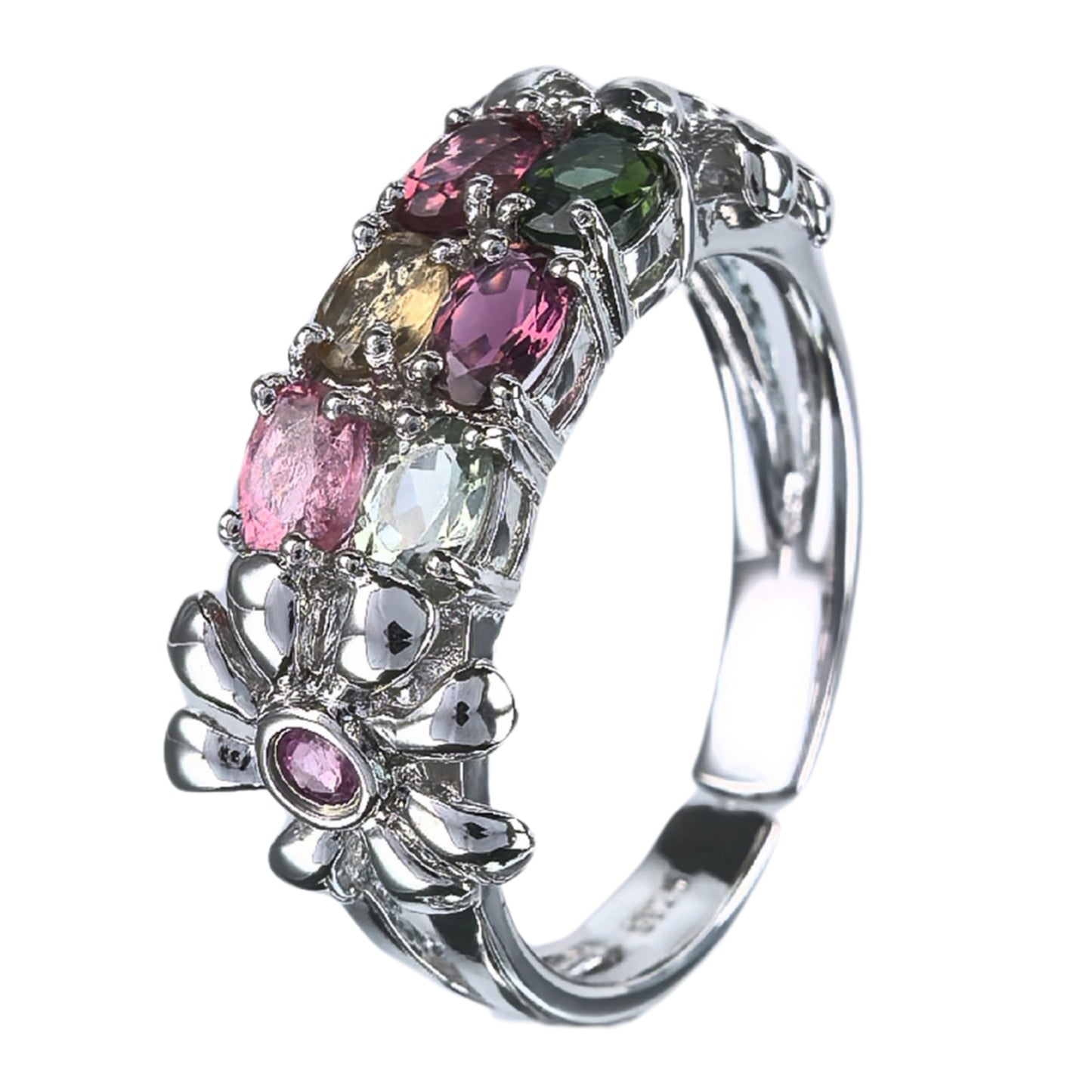 Graceful Women's Rhodium Plated Silver 925 Natural Tourmaline Flower Ring