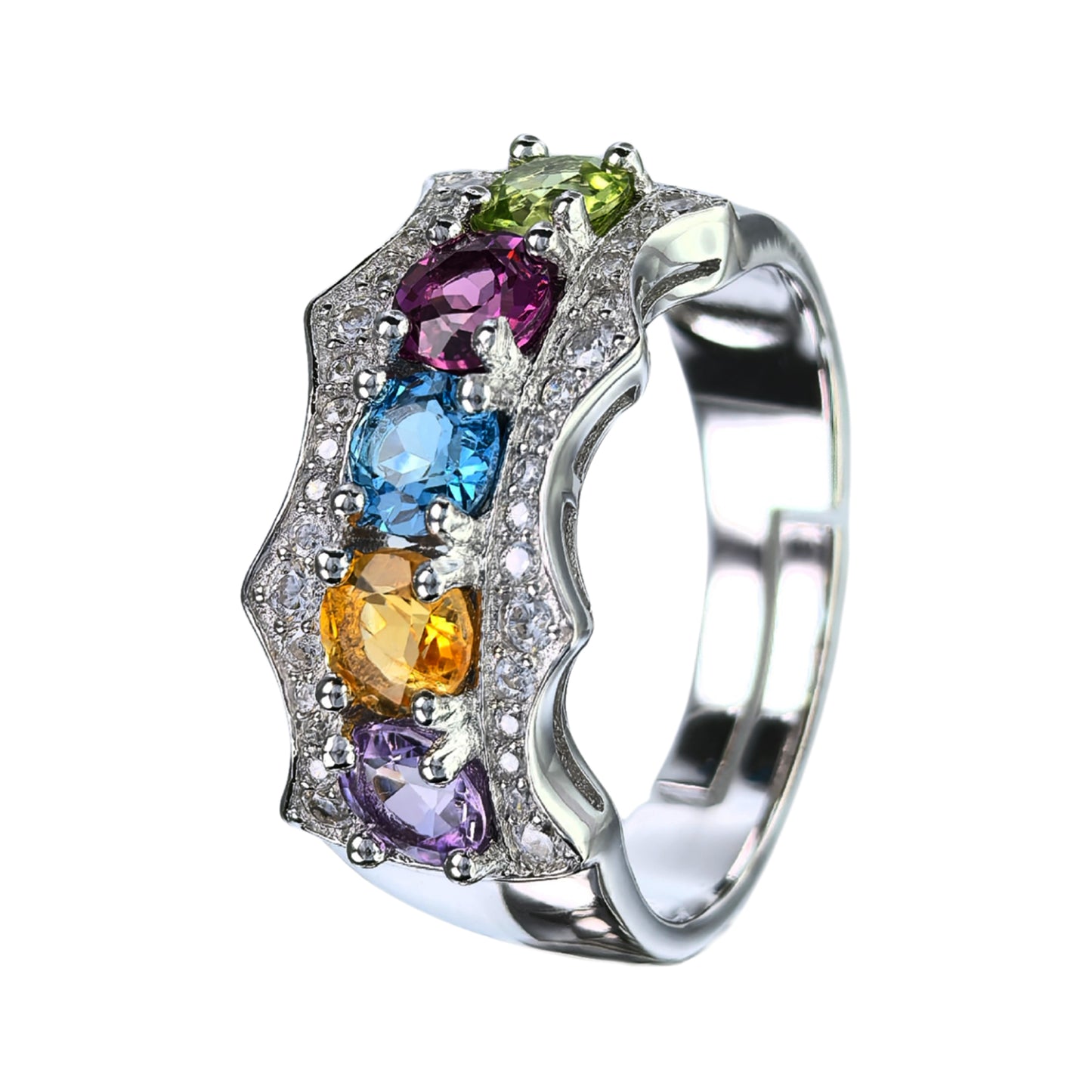 Charming Rhodium Plated 925 Silver Jewelry Multiple Natural Gemstone Ring