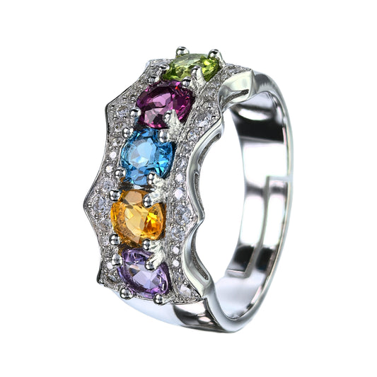 Charming Rhodium Plated 925 Silver Jewelry Multiple Natural Gemstone Ring