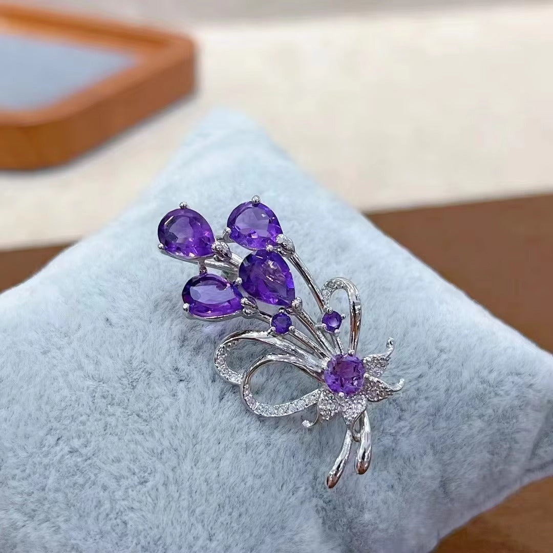 Delicate Rhodium Plated 925 Silver Natural Amethyst Butterfly Brooch